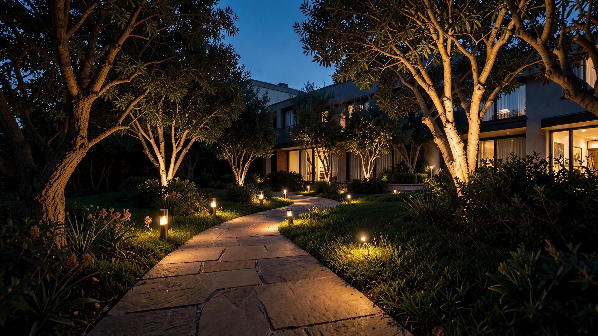 Illuminated garden path and uplit trees outside a modern home at dusk